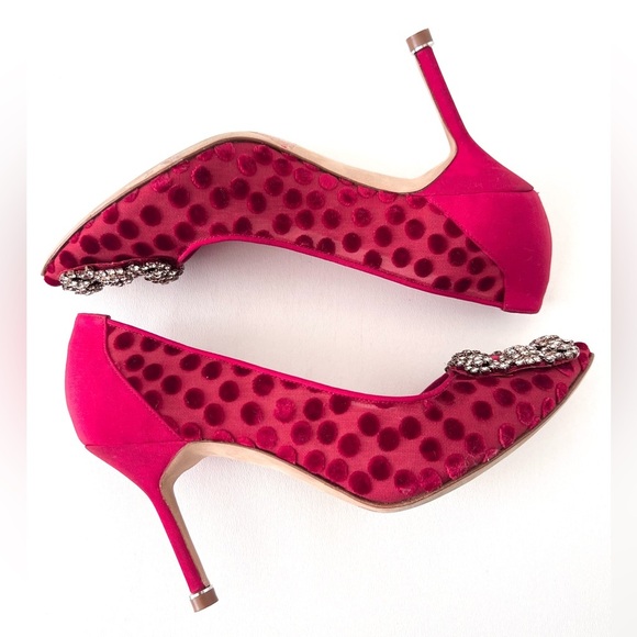 MANOLO BLAHNIK || Red Silk Polka Dot Hangisi Jewel Buckle Embellished Pumps 36 - Picture 6 of 15